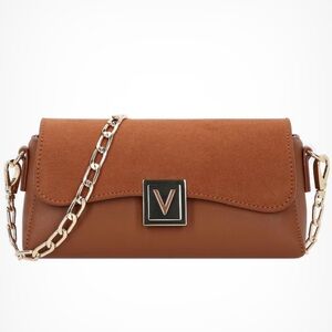 Mario Valentino Camel Brown Gold Tone EVISSA Flap Chain & Crossbody Strap Purse